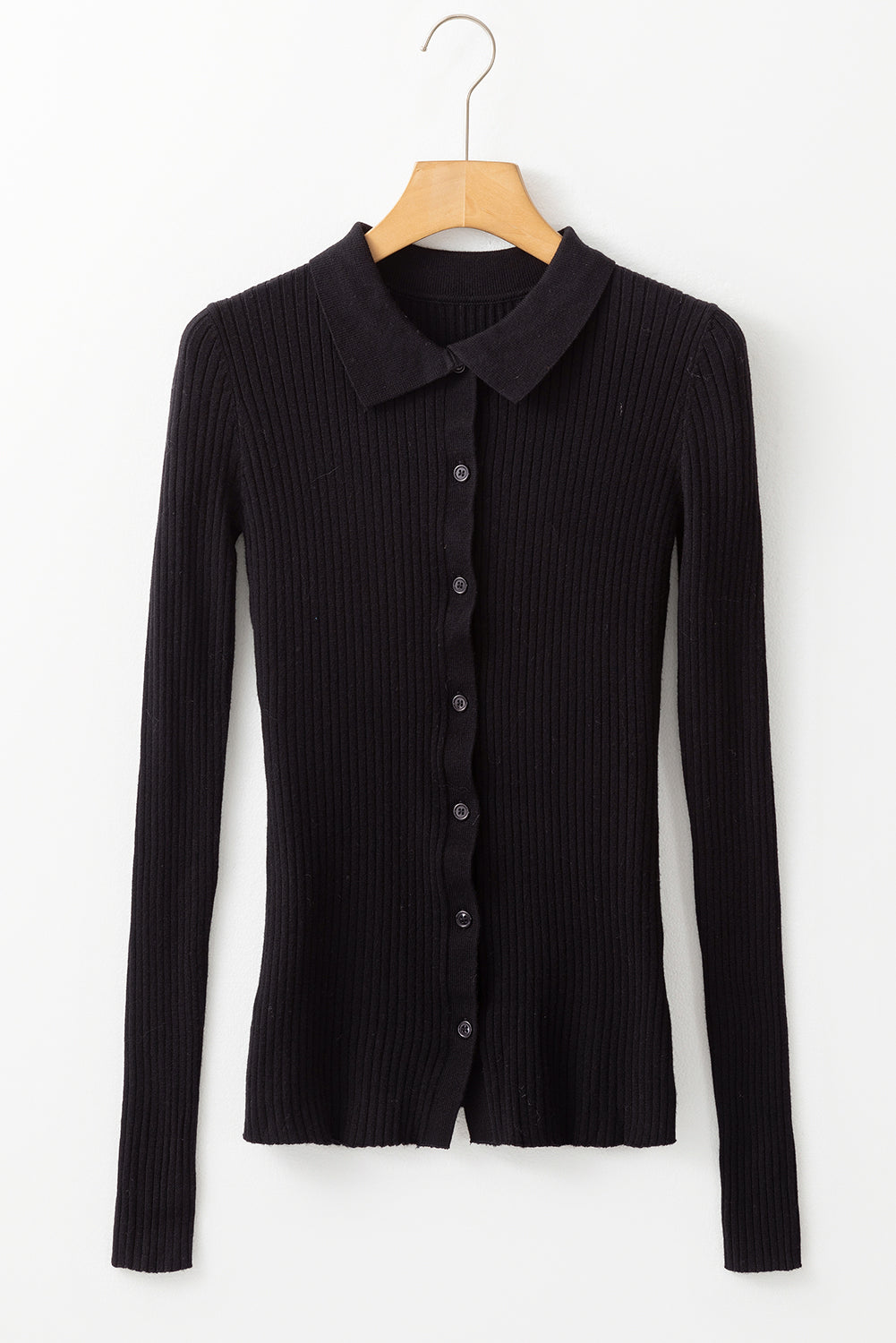 Sophisticated Black Ribbed Knit Collared Cardigan Sweater with Slim Fit