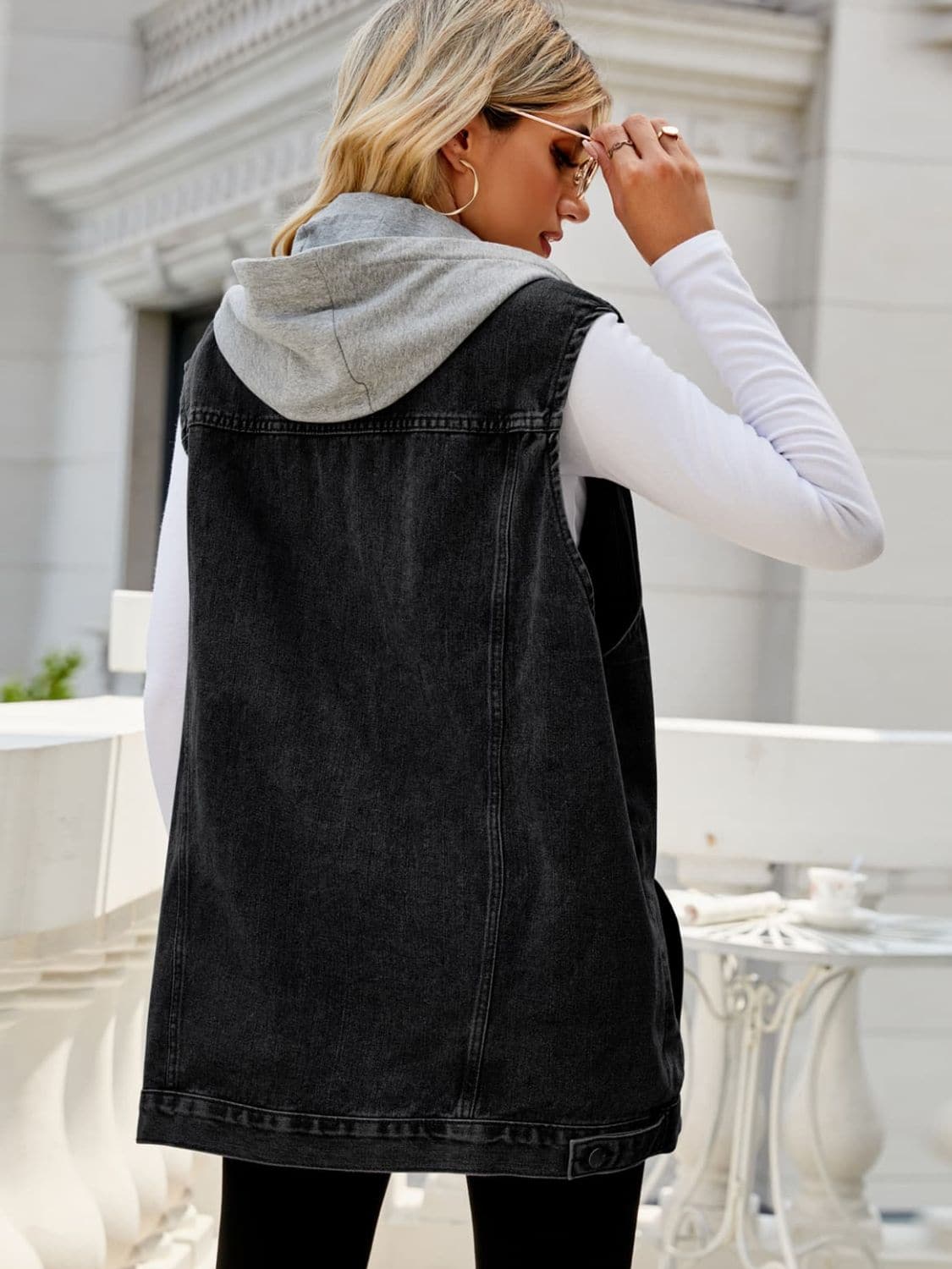 Drawstring Hooded Sleeveless Denim Top with Pockets.