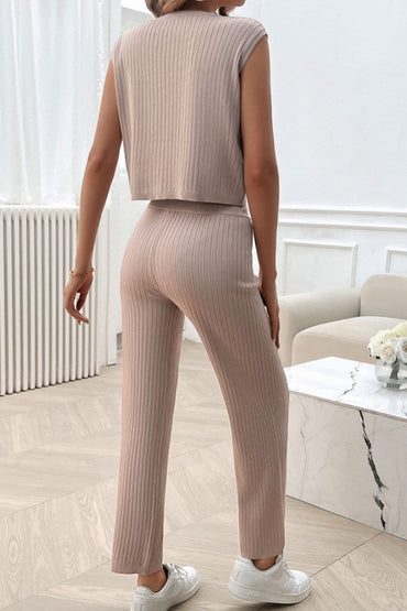 Ribbed Round Neck Top and Pants Set.