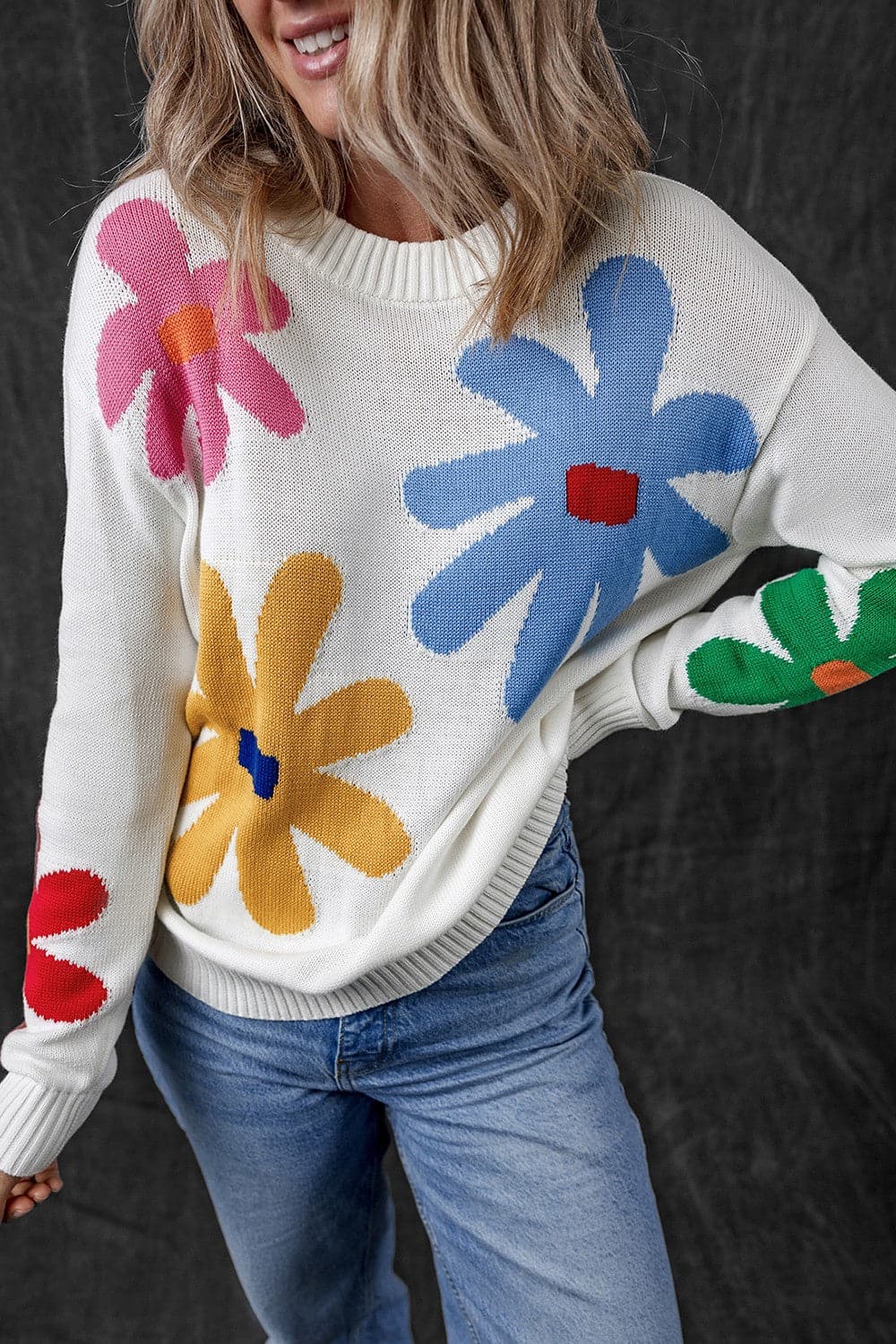 Flower Round Neck Dropped Shoulder Sweater.