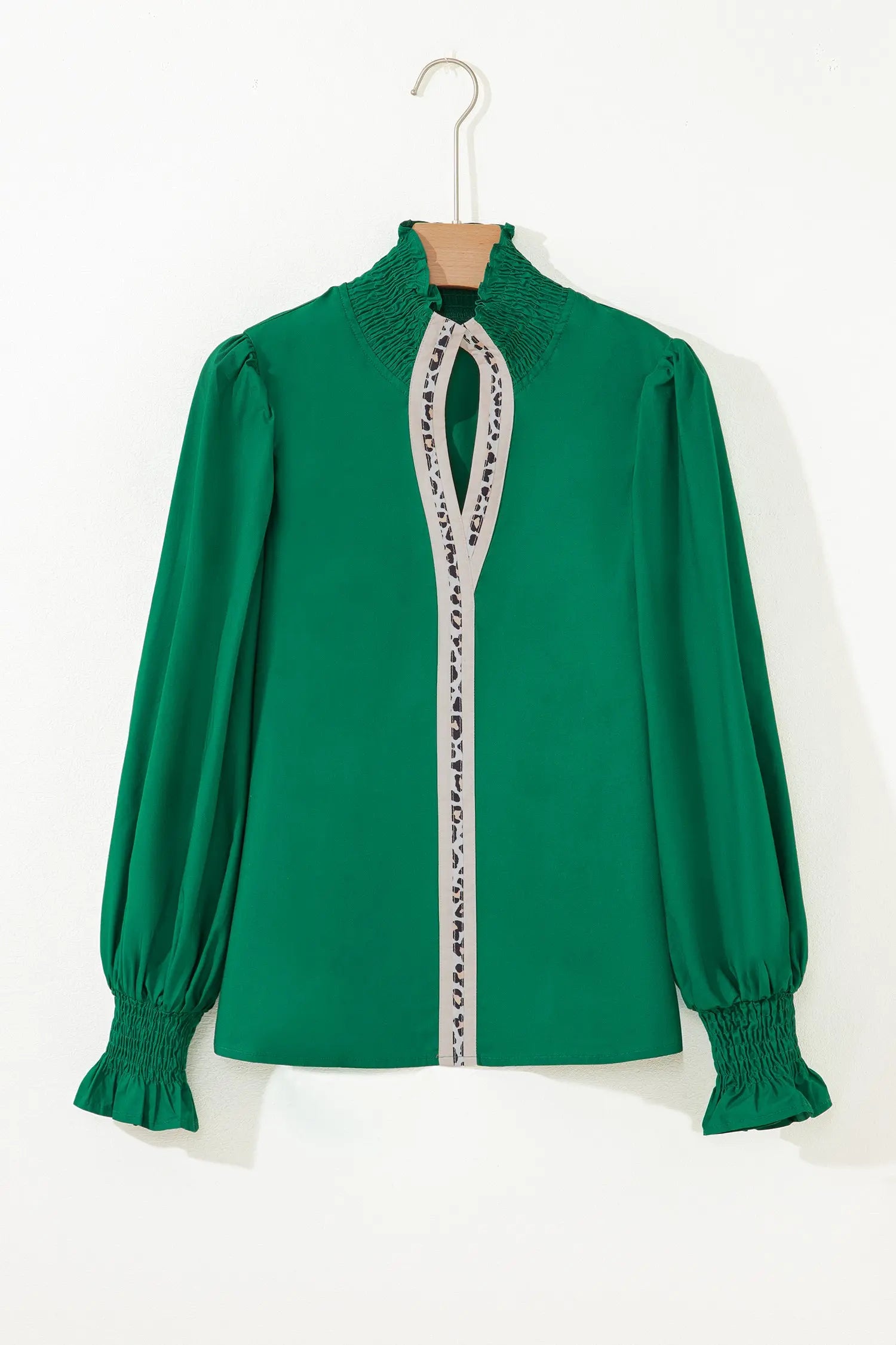 Evergreen Leopard Trim V Neck Blouse With Puffy Flounce Sleeves Dear-Lover Dropshipping