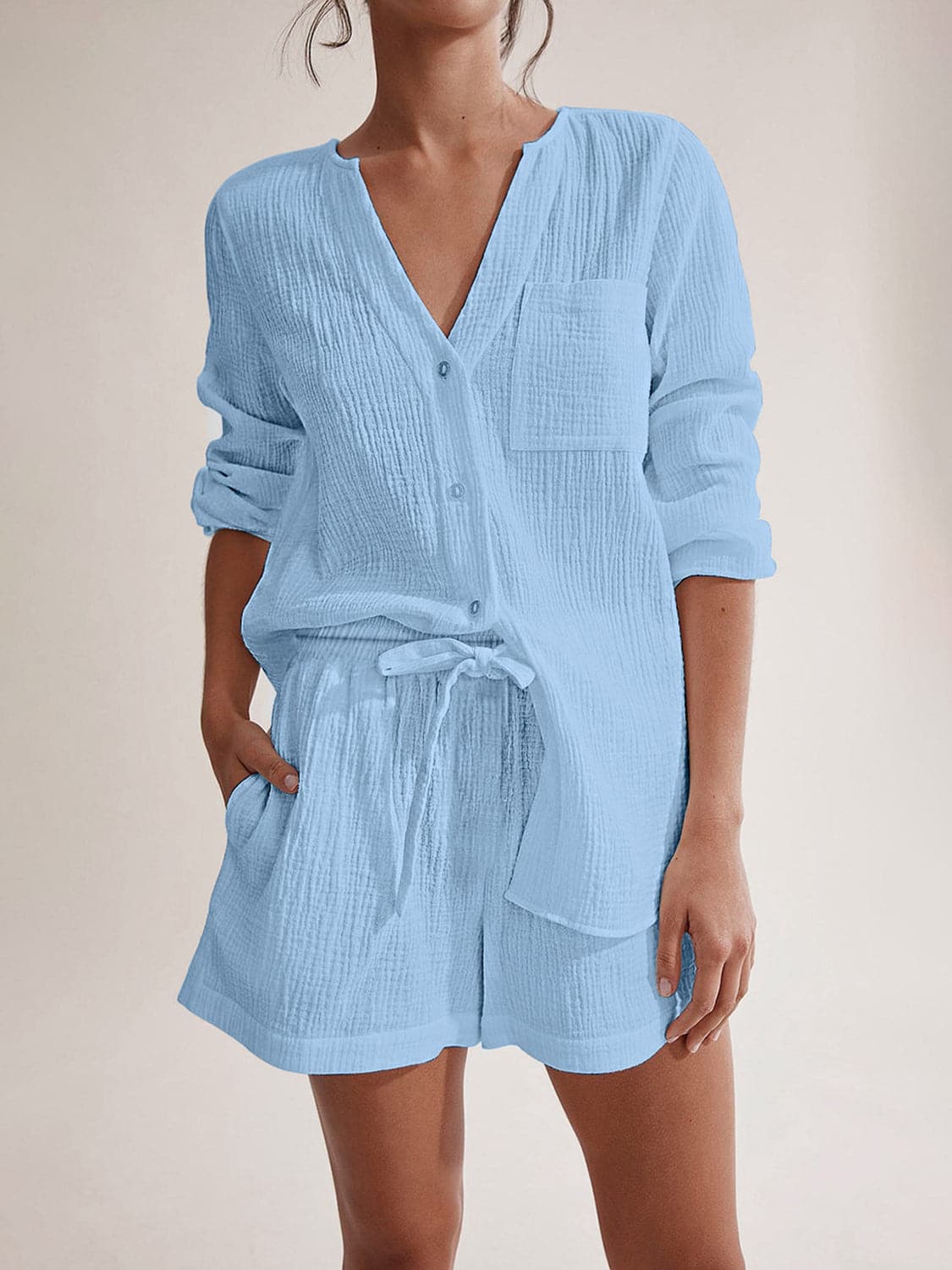 Notched Long Sleeve Top and Shorts Set.