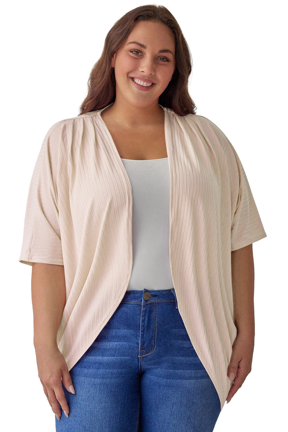 Apricot shimmer ribbed texture cardigan for plus sizes