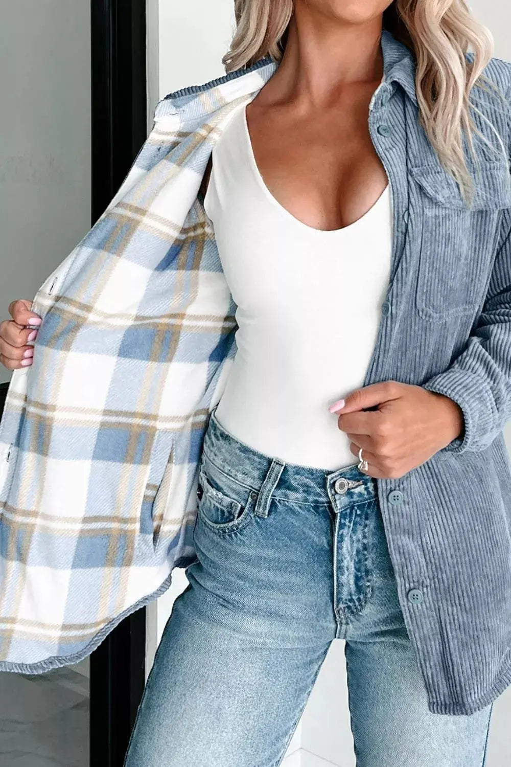 Corduroy Plaid Button-Up Shacket Simply Love