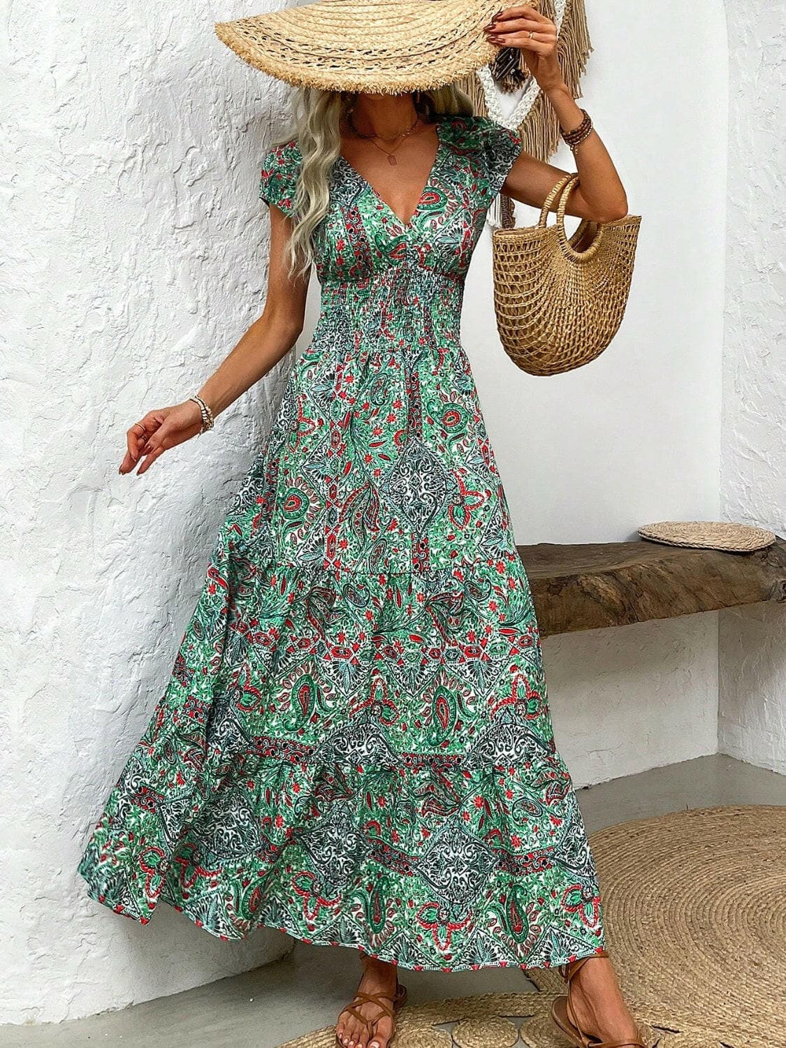 Smocked Printed Cap Sleeve Midi Dress.