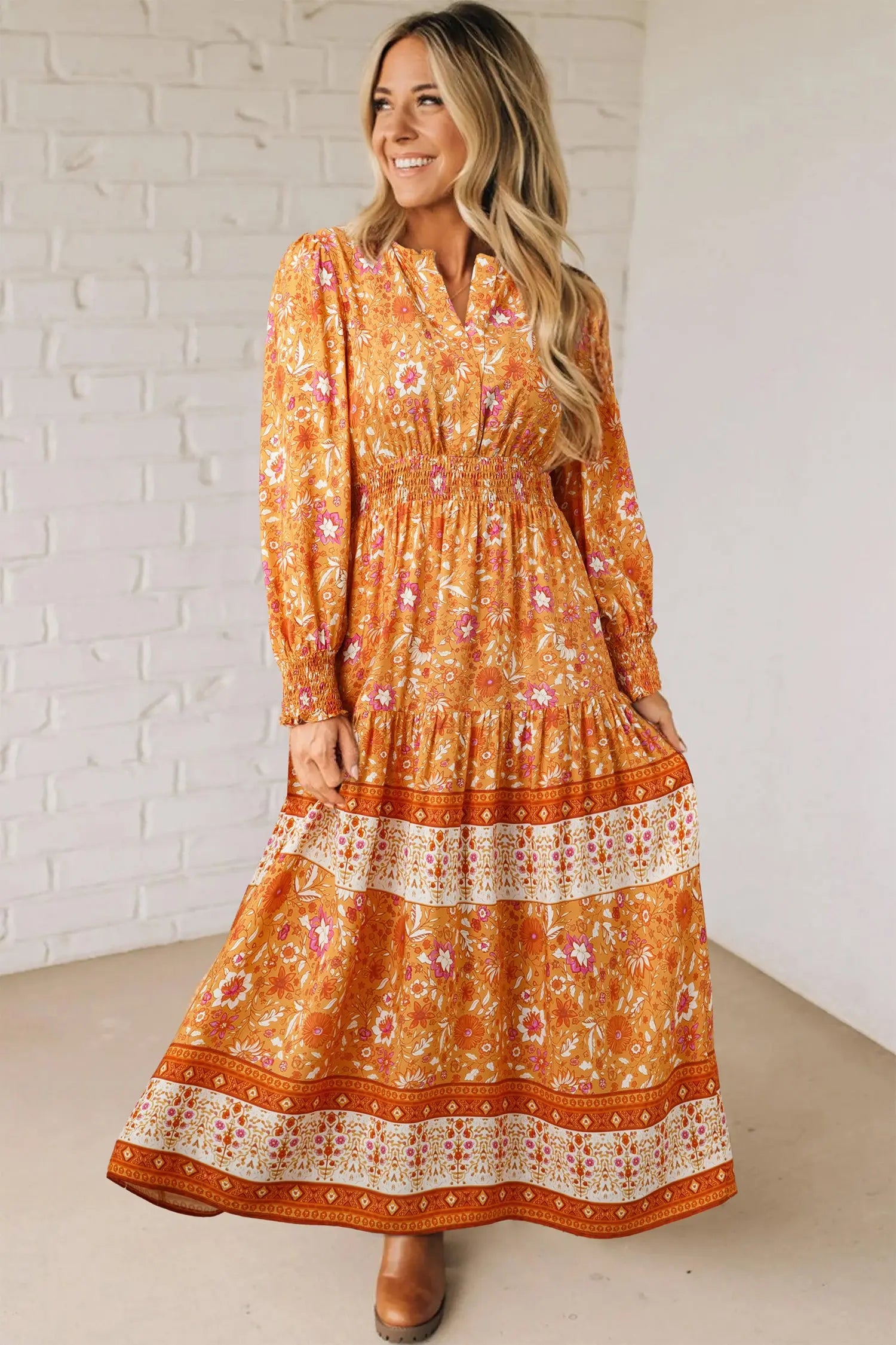 Orange Floral Print Smocked Waist Long Sleeve Boho Maxi Dress Dear-Lover Dropshipping