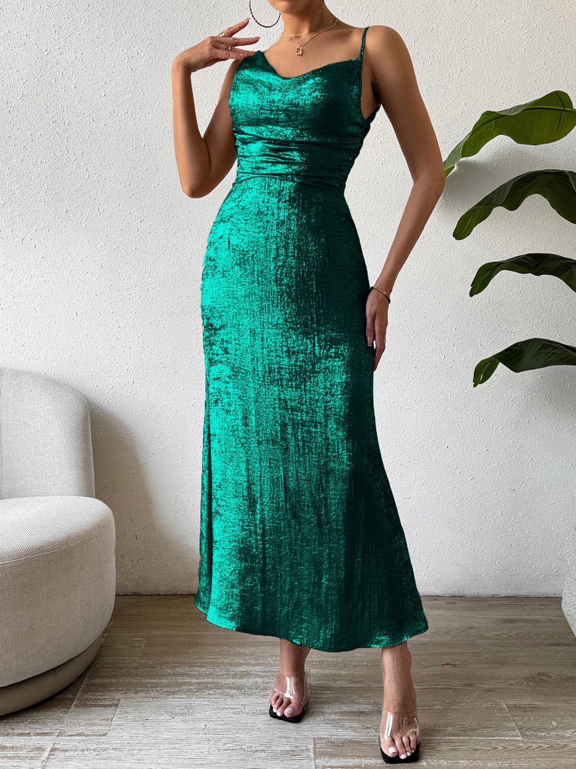 Asymmetric Neck Sleeveless Midi Dress.