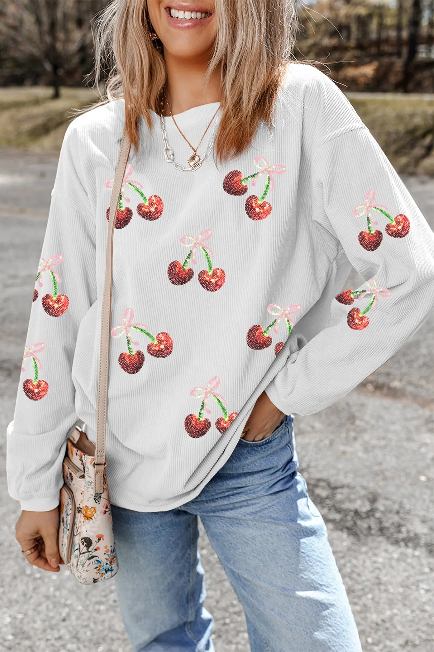 White Corded Ribbed Sequin Cherry Bow Patched Drop Shoulder Sweatshirt Dear-Lover Dropshipping