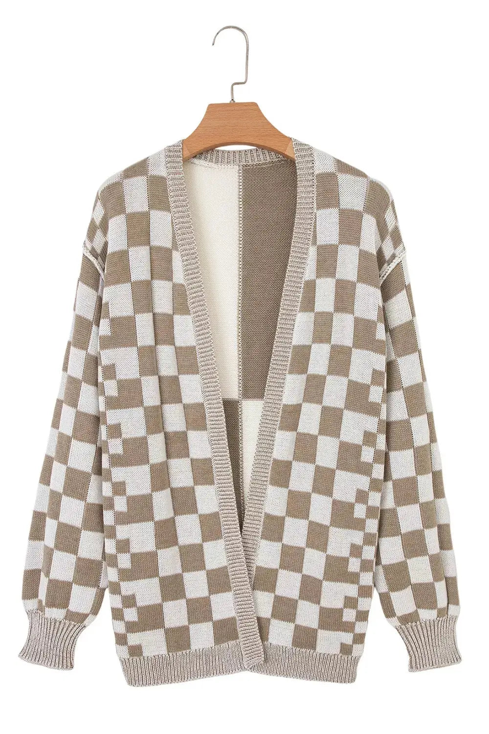 Checkerboard Print Open Front Knit Cardigan Simply Love