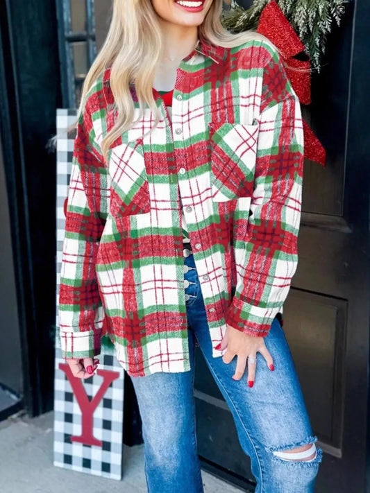 Plaid Button-Down Long Sleeve Shacket Simply Love