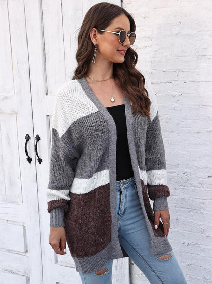 Color Block Open Front Cardigan.