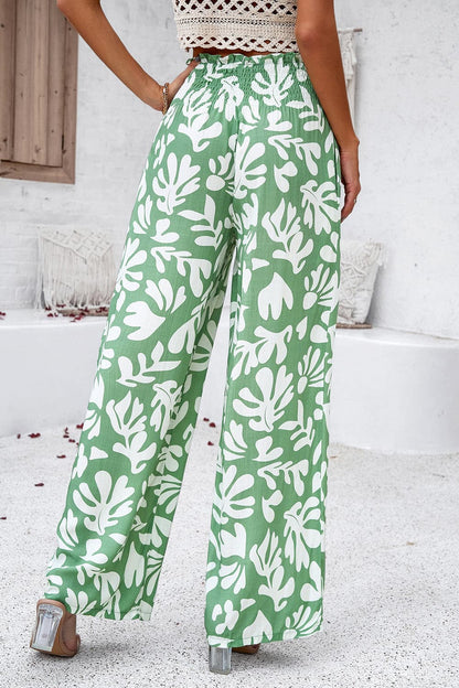 Smocked Printed Wide Leg Pants with Pockets.