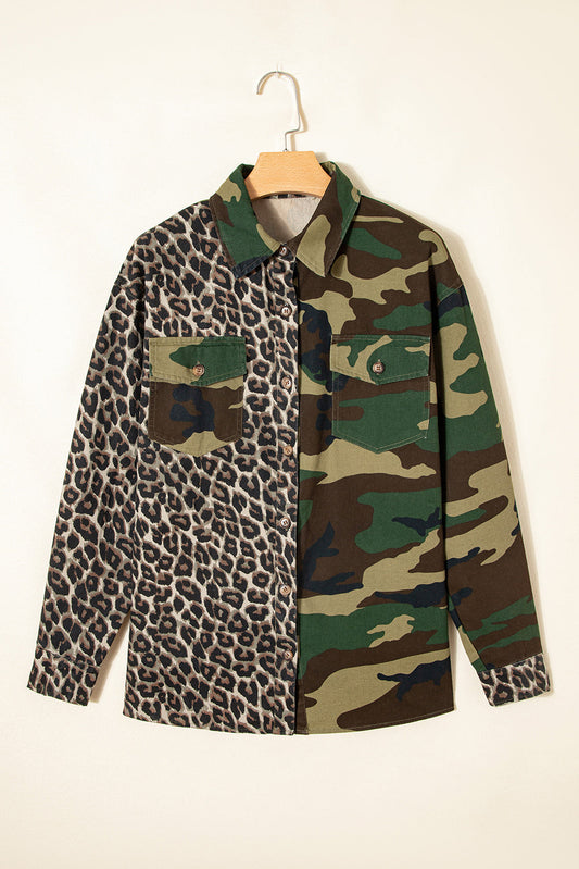 Brown Leopard Camo Patchwork Oversize Shacket With Relaxed Fit Casual Outerwear For Everyday Wear Dear-Lover Dropshipping