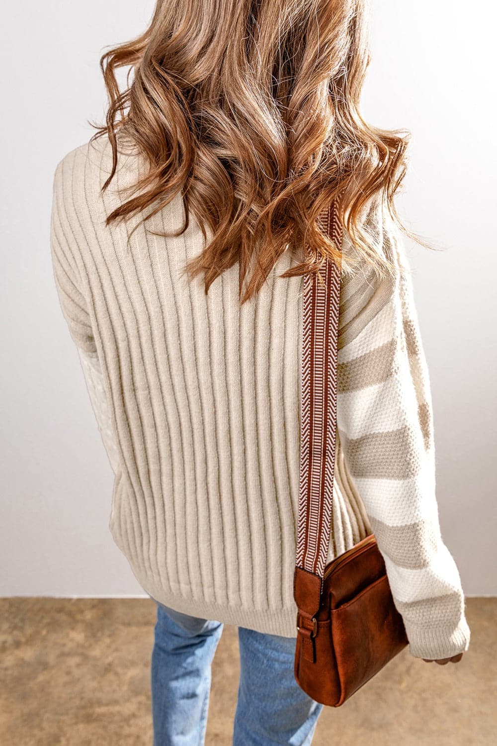 Cable-Knit Color Block Round Neck Sweater.