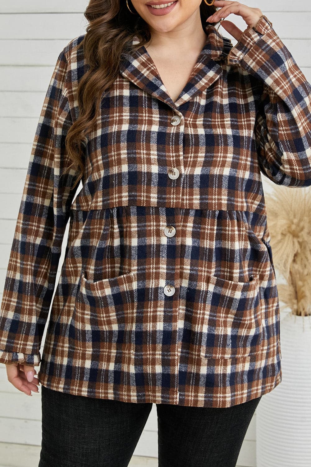 Plus Size Plaid Buttoned Collared Shacket.