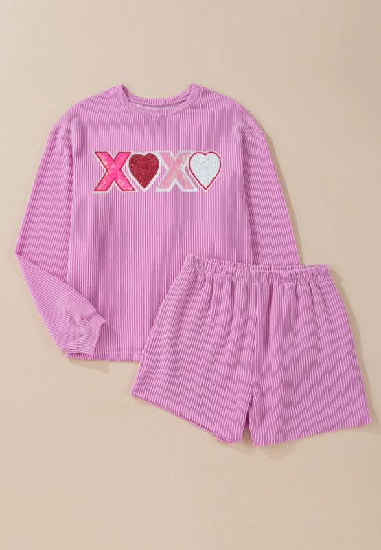 XOXO Sequin Heart Long Sleeve Top and Shorts Set for Valentine’s Day