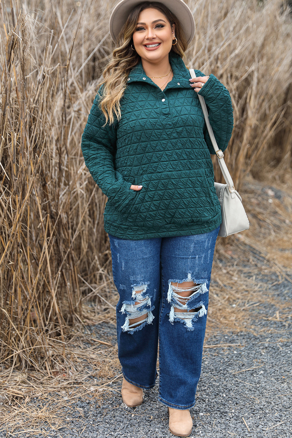 Plus size quilted sweatshirt in blackish green with pocket and button detail