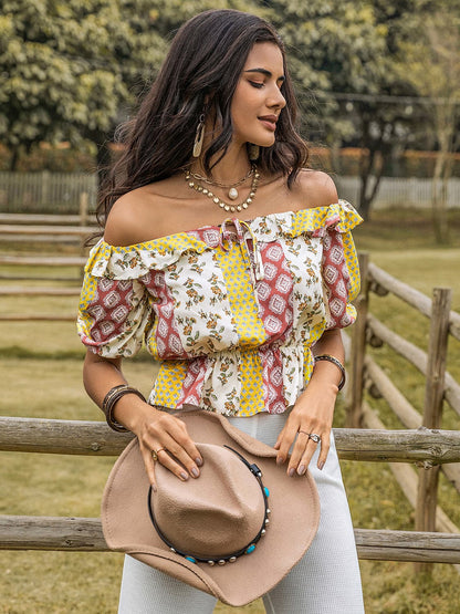 Ruffled Printed Off-Shoulder Short Sleeve Blouse.