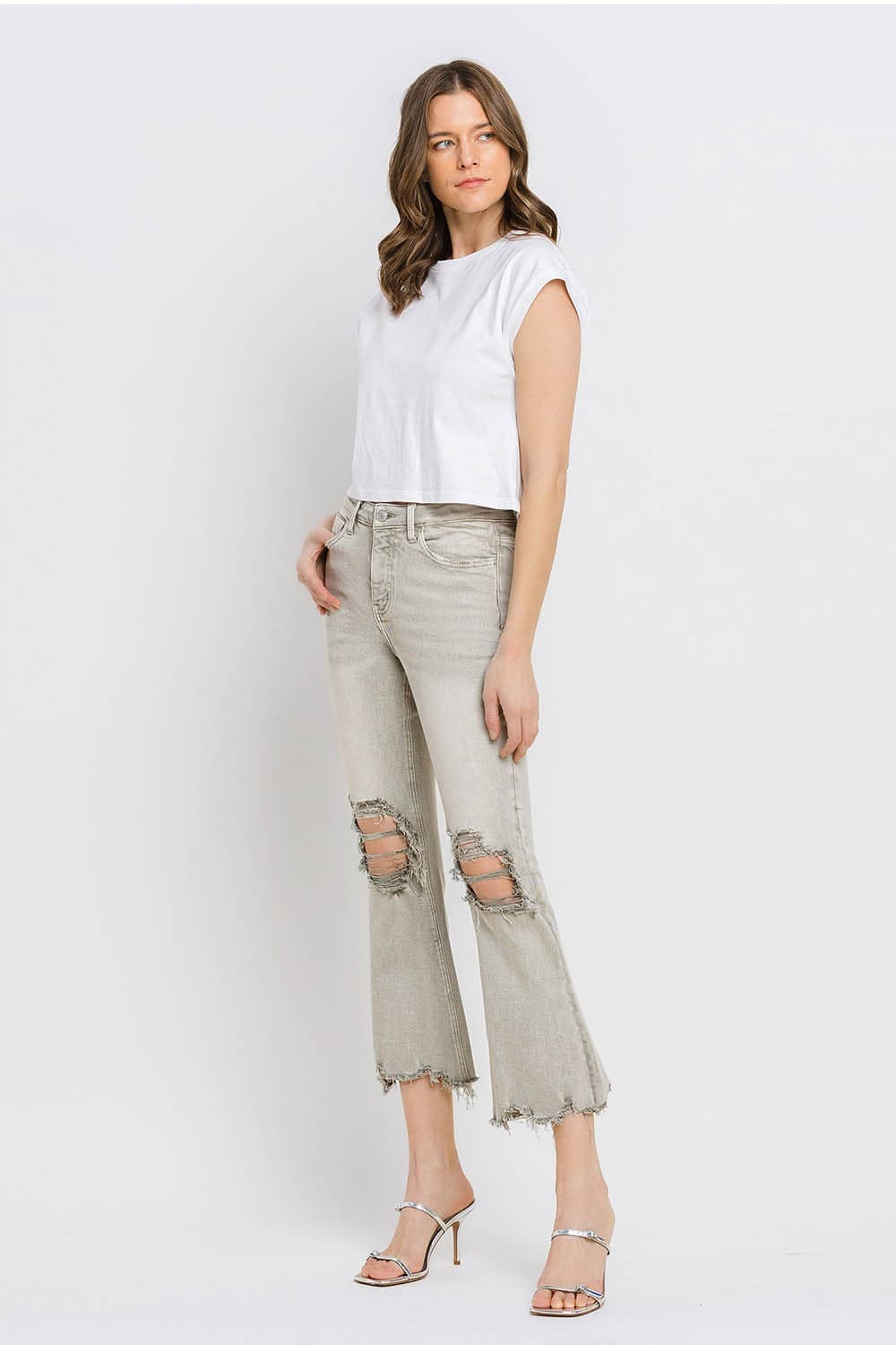 Lovervet Distressed Raw Hem Cropped Flare Jeans.