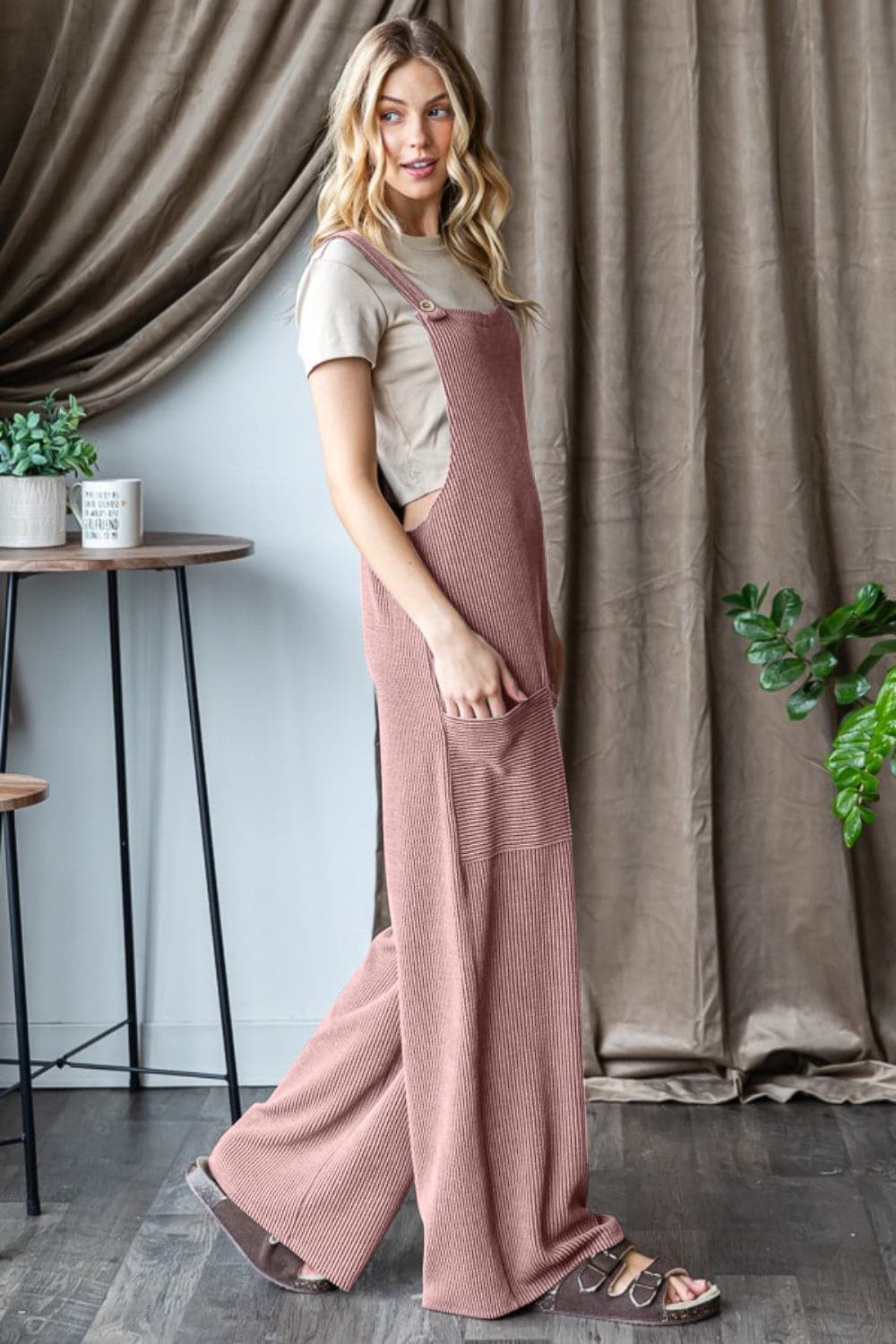 Heimish Full Size Ribbed Front Pocket Sleeveless Jumpsuit.