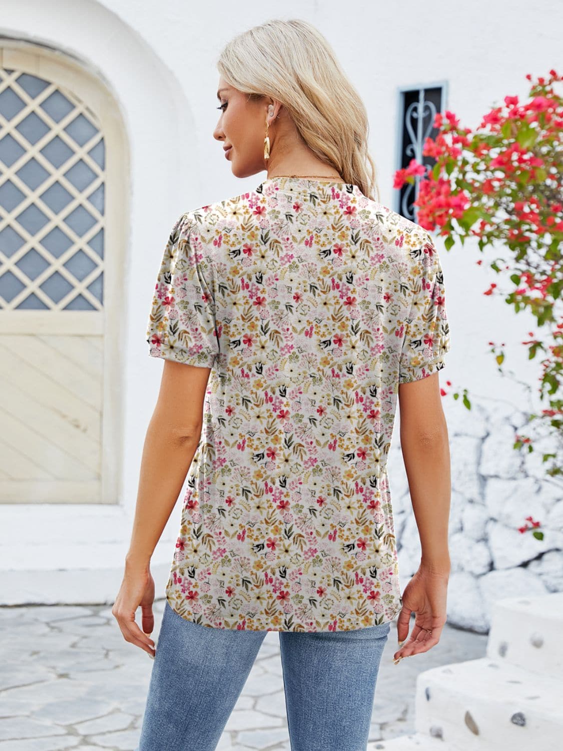 Ruched Printed Notched Short Sleeve Blouse.