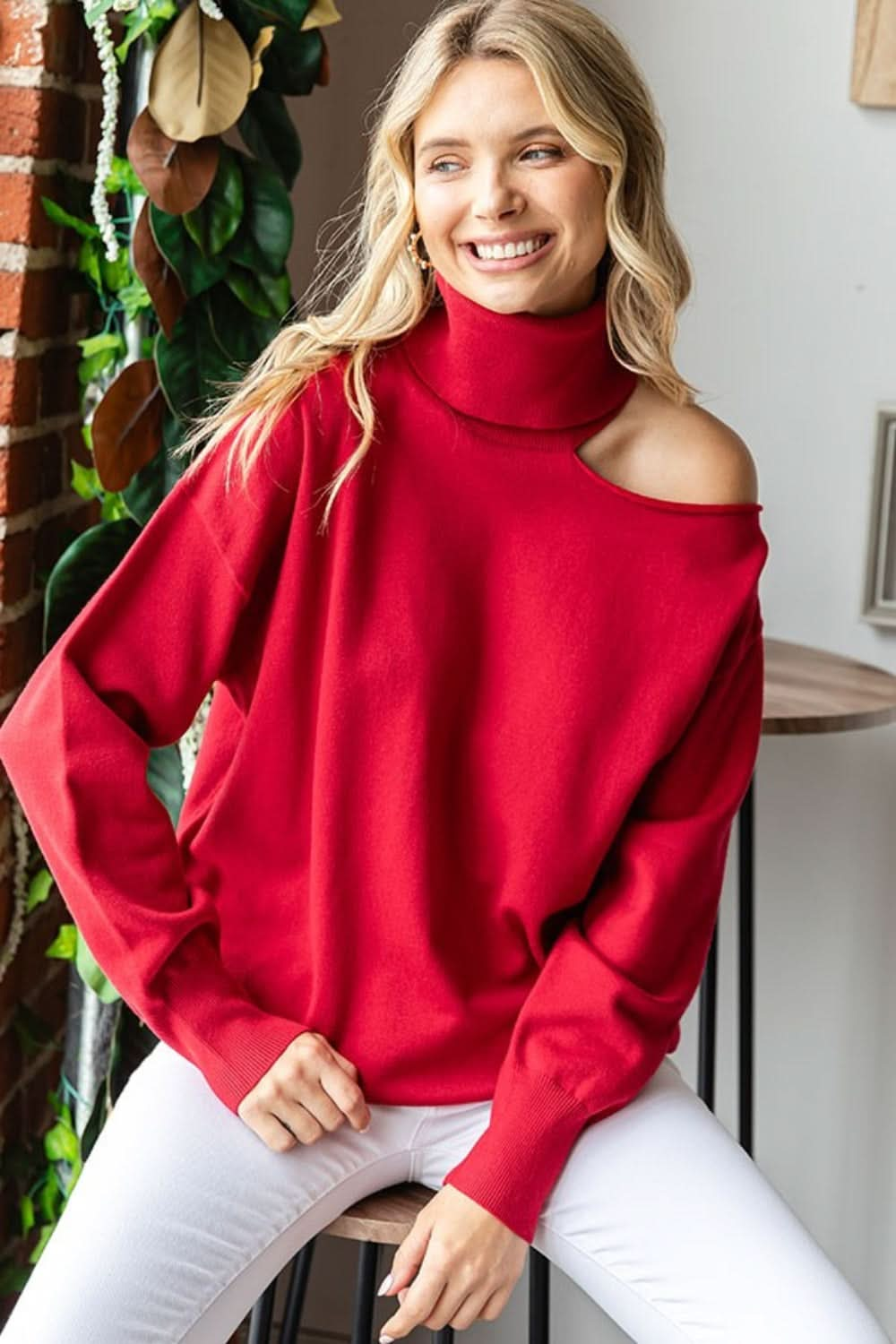 Cutout shoulder turtleneck sweater