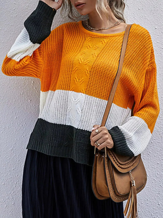 Color Block Cable Knit Round Neck Sweater Multicolor Simply Love