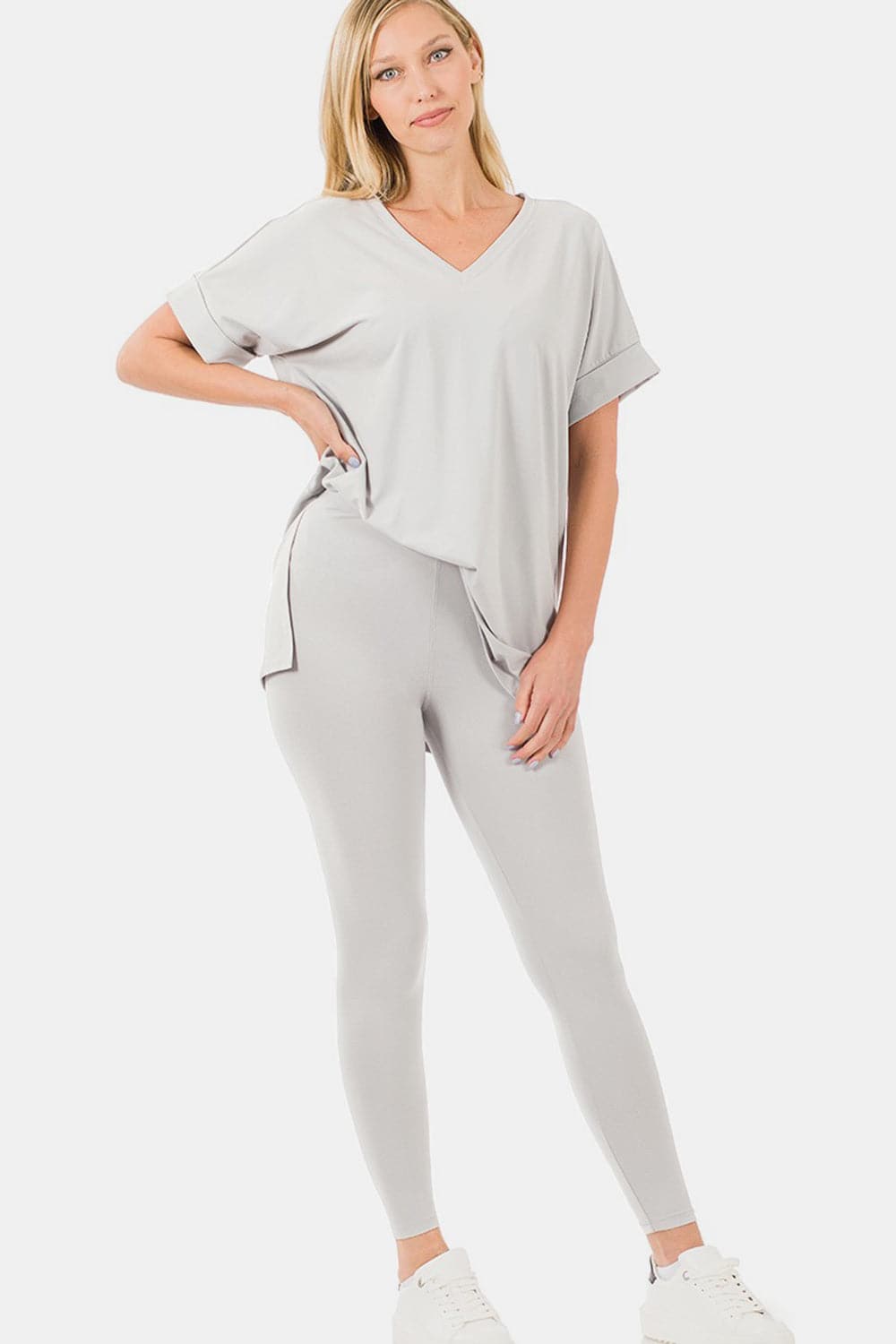 Zenana V-Neck Rolled Short Sleeve T-Shirt and Leggings Lounge Set.