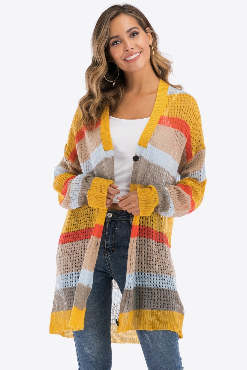 Color Block Openwork Long Sleeve Cardigan.