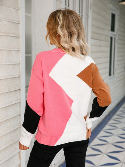 Color Block Round Neck Dropped Shoulder Sweater.