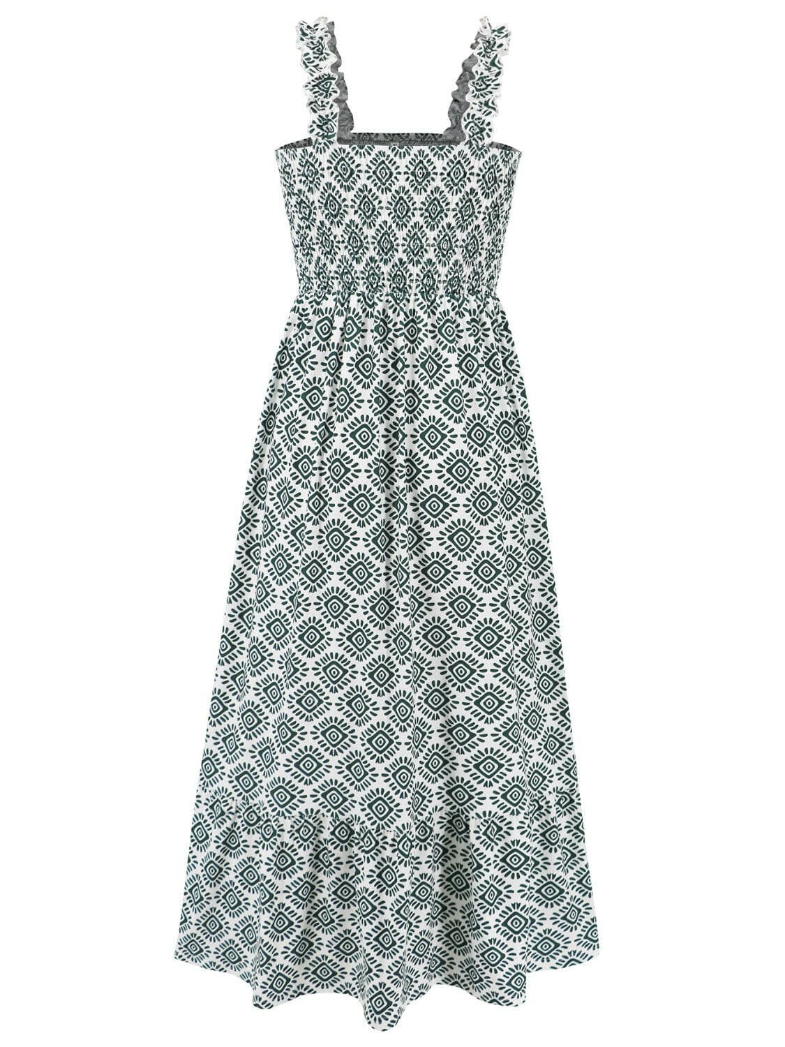 Smocked Printed Square Neck Sleeveless Dress.