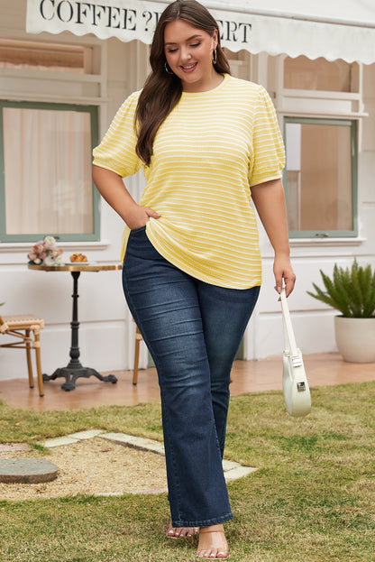 Chic yellow striped puff sleeve plus size jumper