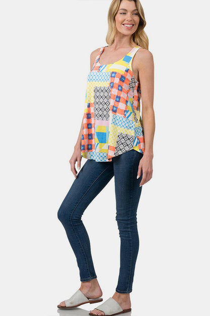 Zenana Printed Round Neck Curved Hem Tank.