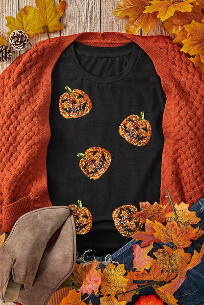 Sequin Pumpkin Round Neck Short Sleeve T-ShirtSequin Pumpkin Round Neck Short Sleeve T-Shirt

Elevate your casual wardrobe with the charming Sequin Pumpkin Round Neck Short Sleeve T-Shirt. This unique tee combinLove Salve Sequin Pumpkin Round Neck Short SleeveT-Shirts