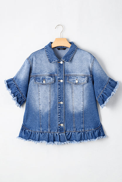 Peacock blue ruffled denim jacket