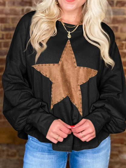 Star Round Neck Long Sleeve BlouseFeatures: Basic style
Sheer: Opaque
Stretch: Slightly stretchy
Material composition: 85% polyester, 10% cotton, 5% elastane
Care instructions: Machine wash cold. TumLove Salve Star Round Neck Long Sleeve BlouseShirts