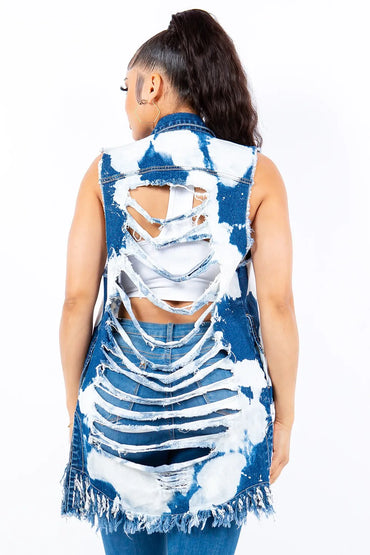 American Bazi Distressed Frayed Edge Longline Denim Vest - Love Salve 