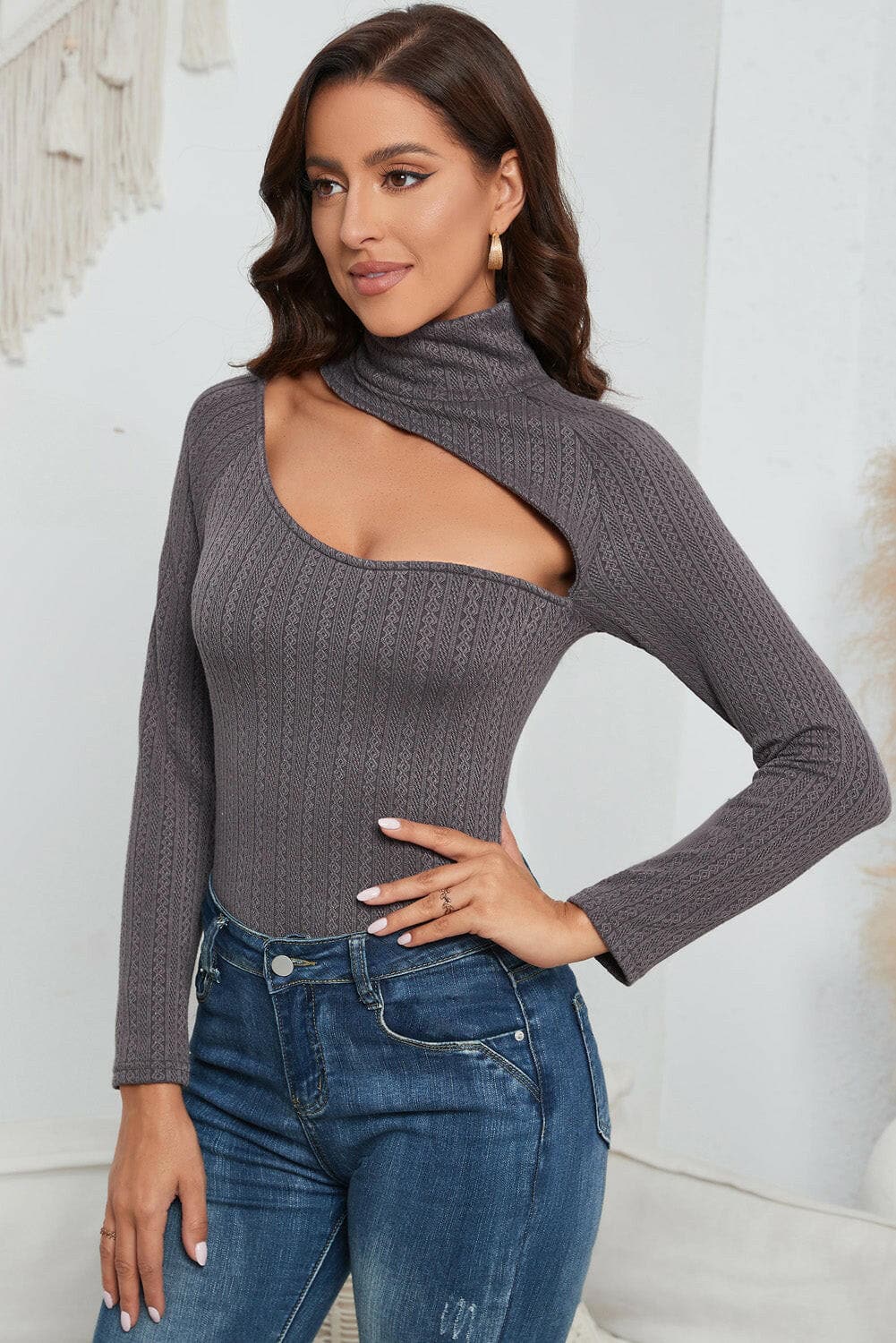 Cutout Mock Neck Long Sleeve Bodysuit.