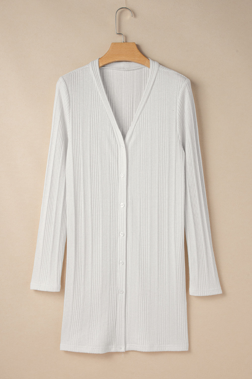 Chic White Ribbed Button-Up Long Sleeve Tunic Cardigan