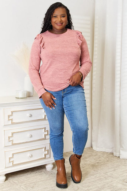 Double Take Ruffle Shoulder Long Sleeve T-Shirt.