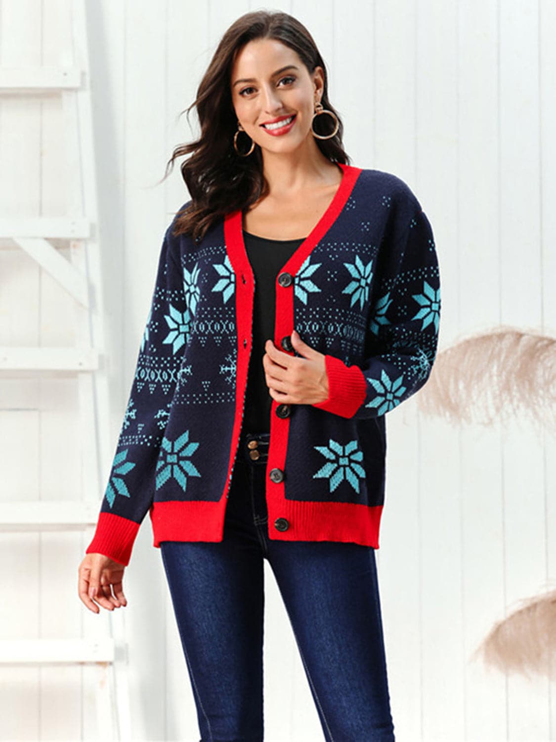 Snowflake Pattern Button Down Cardigan.