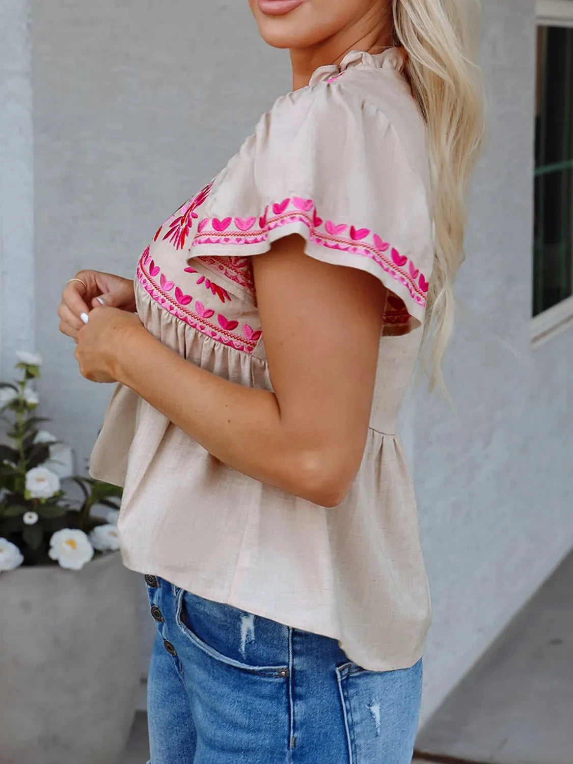 Floral Embroidered Short Sleeve Notched Blouse Simply Love