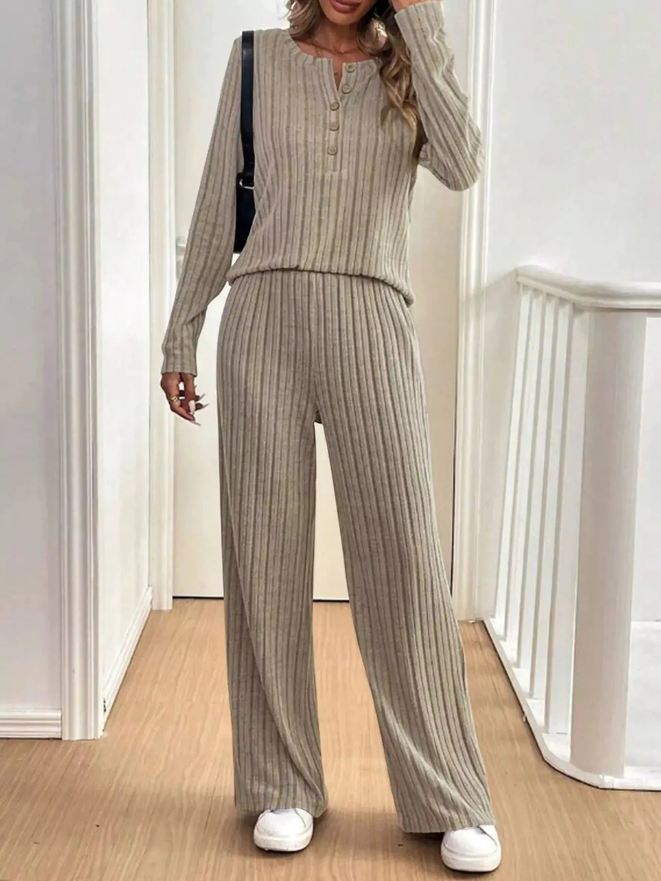 Plus Size Ribbed Knit Button-Front Top and Pants Set Simply Love