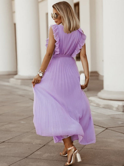 Tied Surplice Cap Sleeve Pleated Dress.