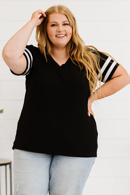 Chic black plus size V-neck tee with striped sleeves