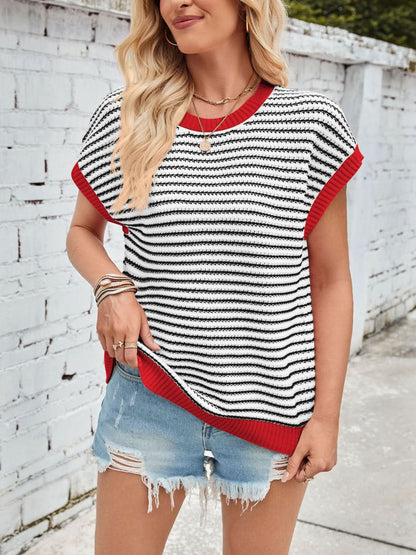 Lovelet Striped Round Neck Cap Sleeve Sweater