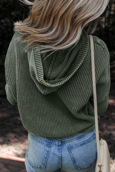 Mist Green Mineral Wash Ribbed Knit Hooded Sweater