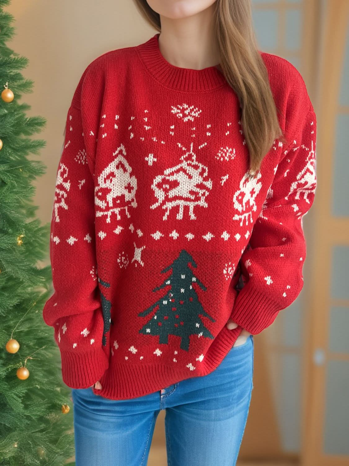 Christmas Element Round Neck Long Sleeve Sweater