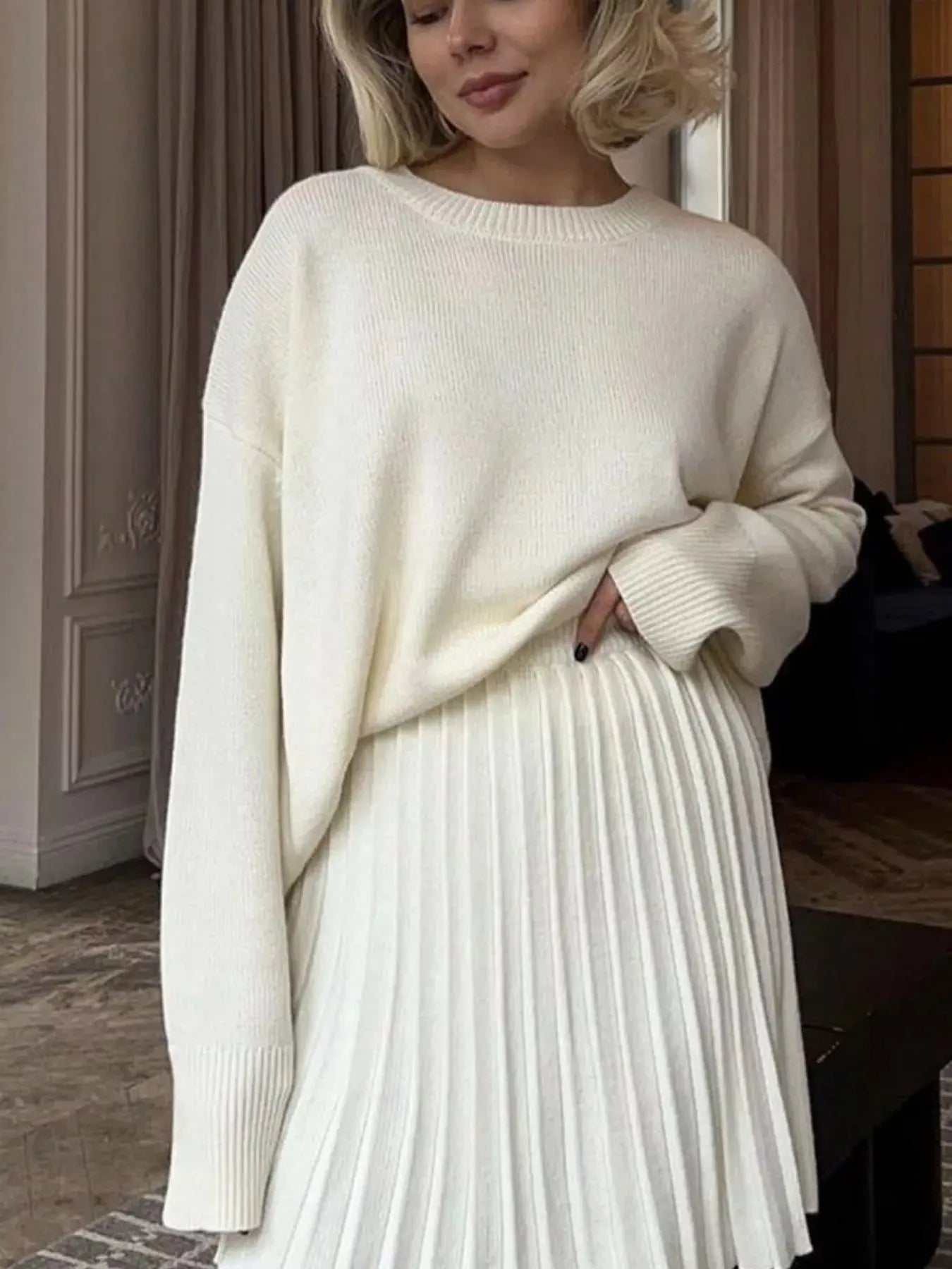 Ribbed Hem Round Neck Sweater Simply Love