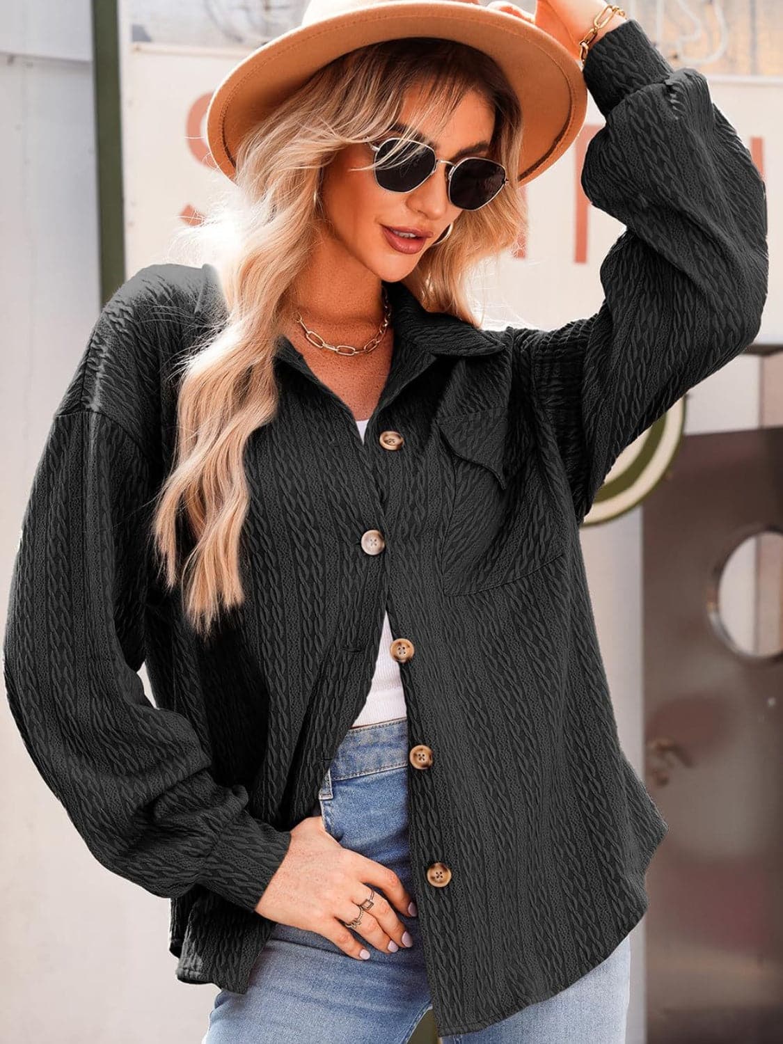 Textured long sleeve shacket